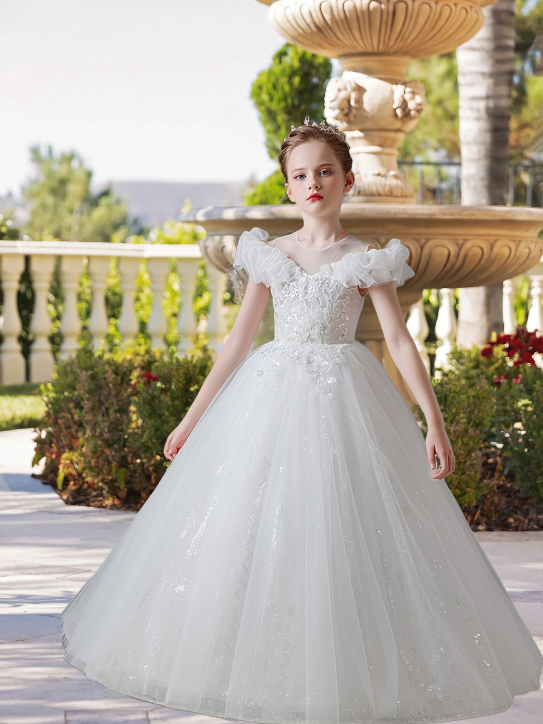 Scoop Neck Flutter Straps Floor-Length Lace/Tulle/Sequins Ball Gown/Princess With Appliques Girls Gidiondress Ivory 12M