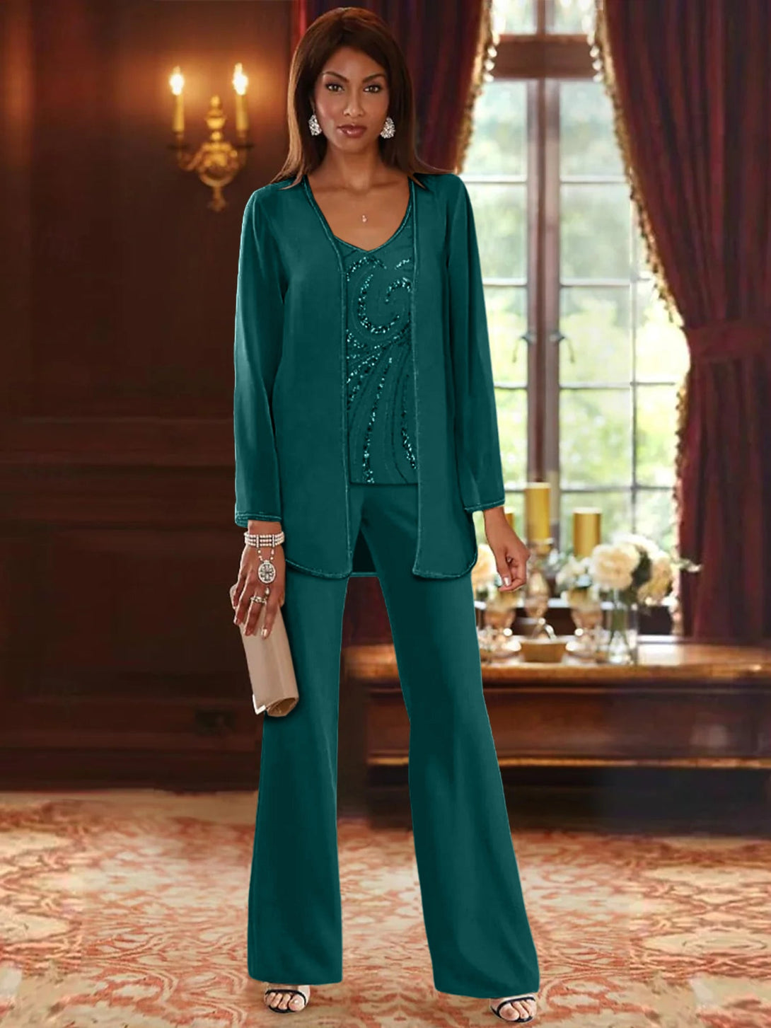 Chiffon V-Neck Floor-Length 3 Pieces Mother Of The Bride Pantsuits With Jacket & Sequins BabaMila