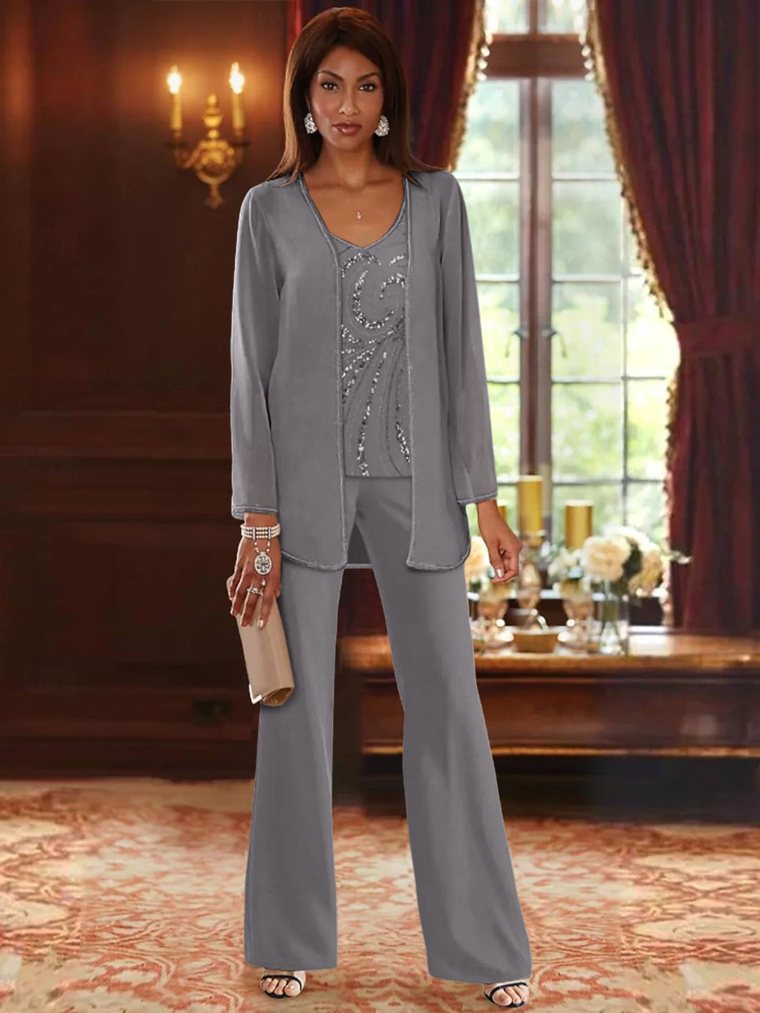 Chiffon V-Neck Floor-Length 3 Pieces Mother Of The Bride Pantsuits With Jacket & Sequins BabaMila