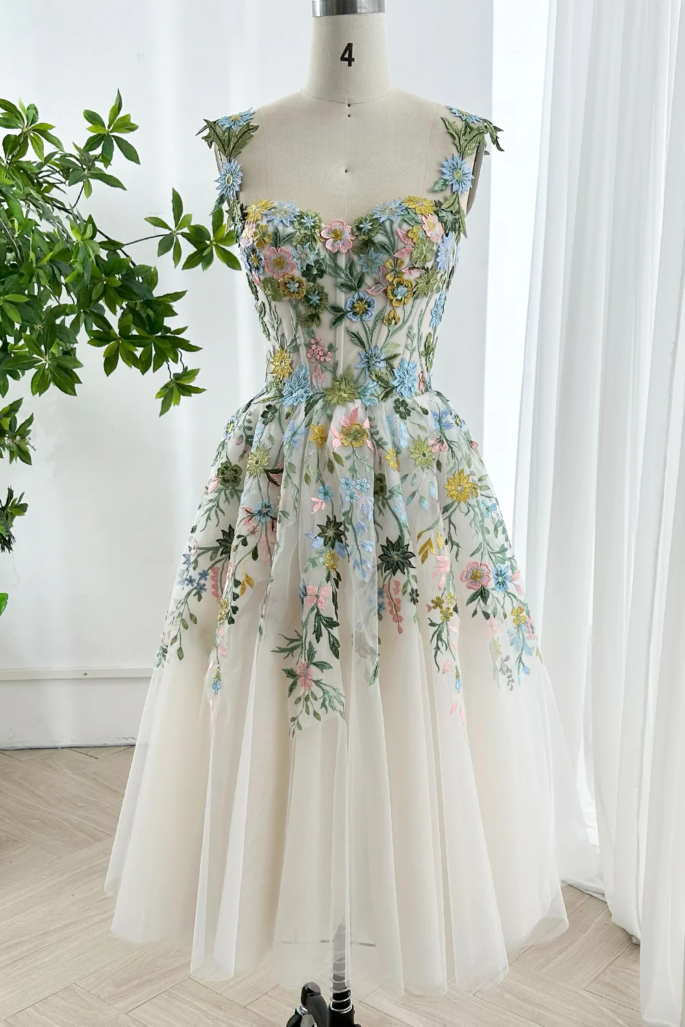 Floral Embroidered Tulle Midi Dress with Corset Bodice Lace Midi Dress Evening Party dress BabaMila