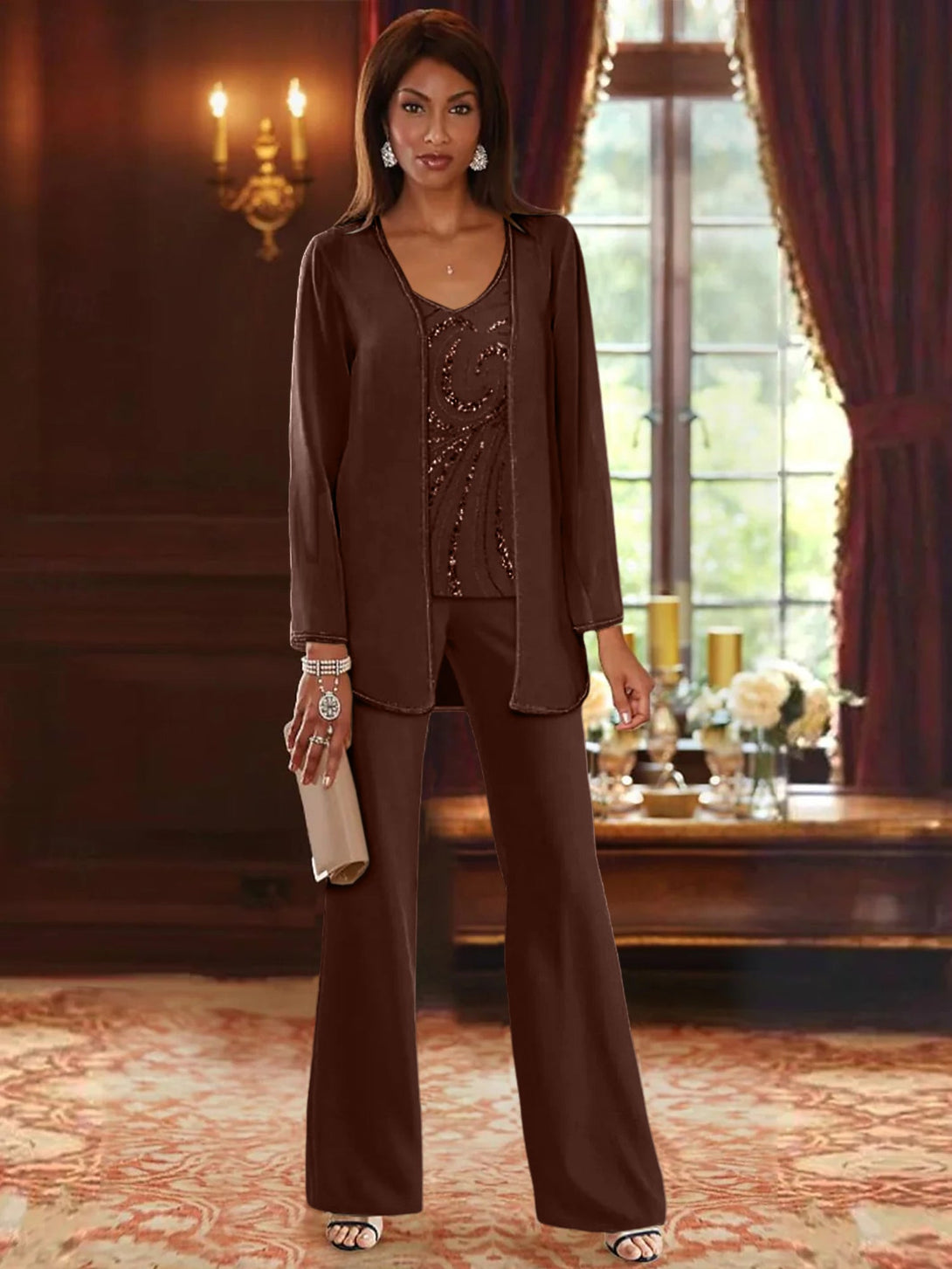 Chiffon V-Neck Floor-Length 3 Pieces Mother Of The Bride Pantsuits With Jacket & Sequins BabaMila