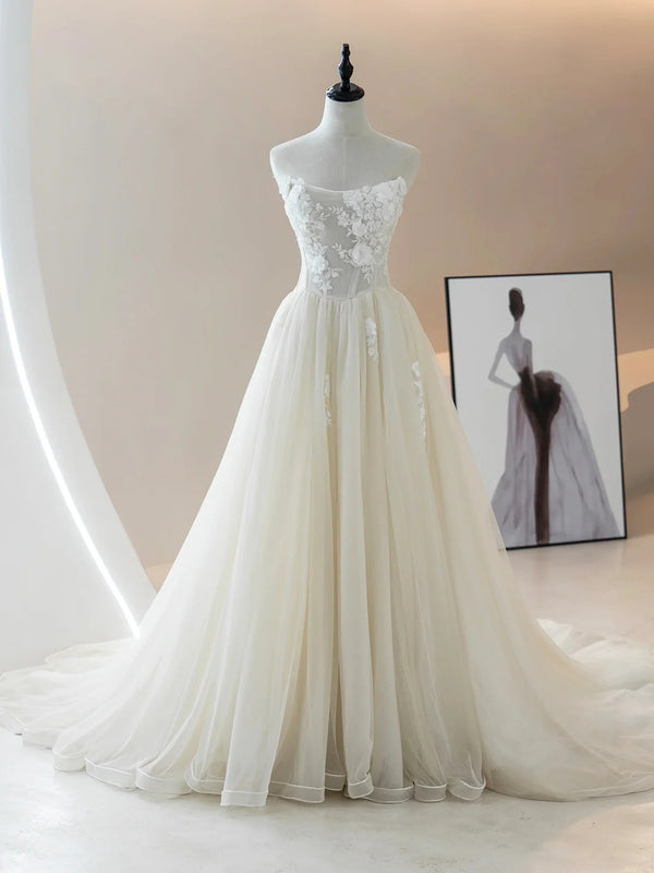 Floral Lace Strapless Wedding Gown With Train BabaMila