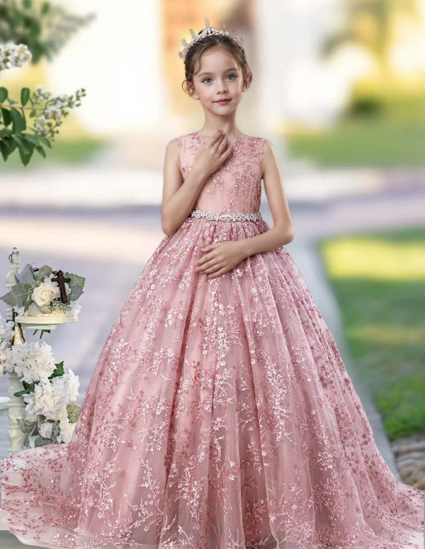 Princess Lace/Tulle Sweep Train Girl's Dress Ball-Gown Scoop Floor-Length Dusty Rose Flower Girl Dress Girls Gidiondress