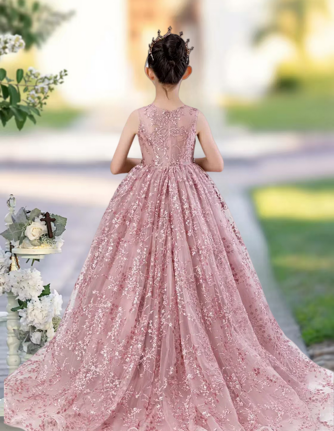 Princess Lace/Tulle Sweep Train Girl's Dress Ball-Gown Scoop Floor-Length Dusty Rose Flower Girl Dress Girls Gidiondress