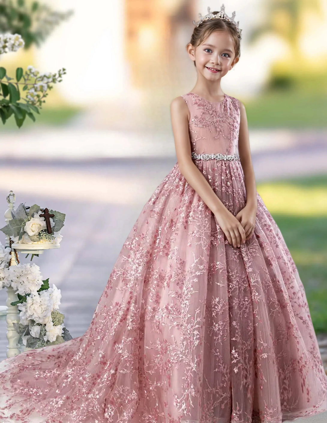 Princess Lace/Tulle Sweep Train Girl's Dress Ball-Gown Scoop Floor-Length Dusty Rose Flower Girl Dress Girls Gidiondress