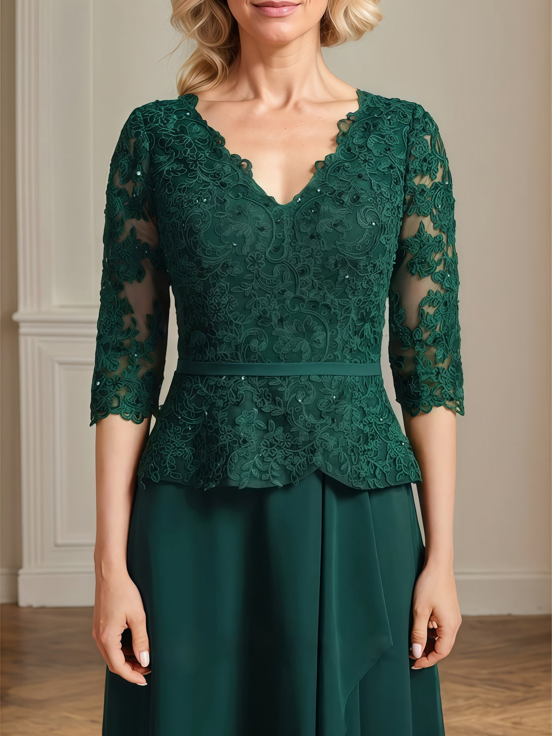 V-Neck 3/4 Sleeve A-Line Floor-Length Lace/Chiffon Mother of the Bride Dress With Appliques/Belt/Cascading Ruffles BabaMila