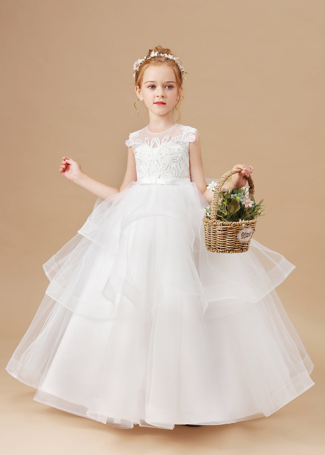 Girl's Cake Dresses Sleeveless Scoop Neck Floor-Length Satin/Lace/Tulle Flower Girl Dresses With Belt/Appliques Girls Gidiondress