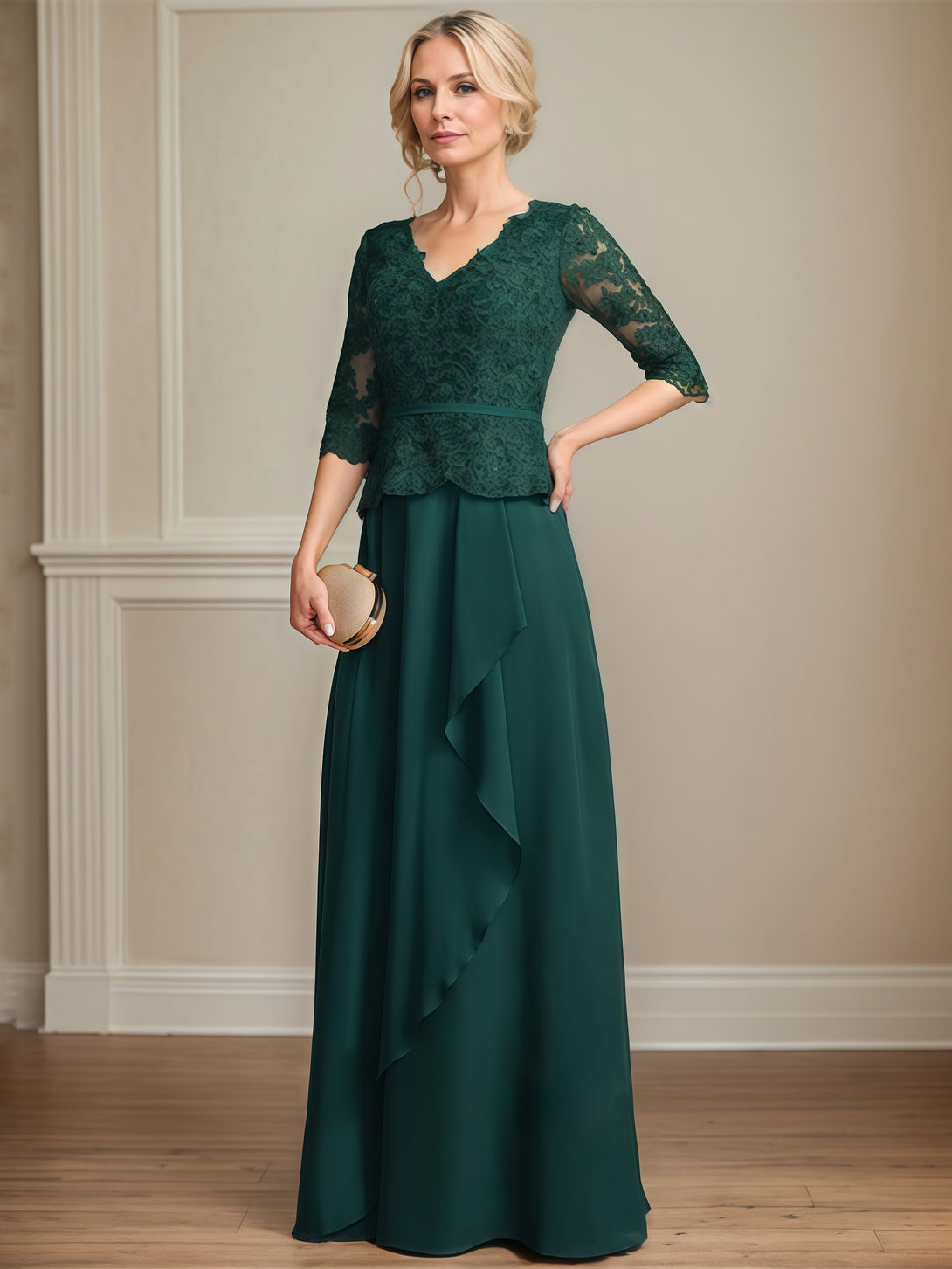 V-Neck 3/4 Sleeve A-Line Floor-Length Lace/Chiffon Mother of the Bride Dress With Appliques/Belt/Cascading Ruffles BabaMila