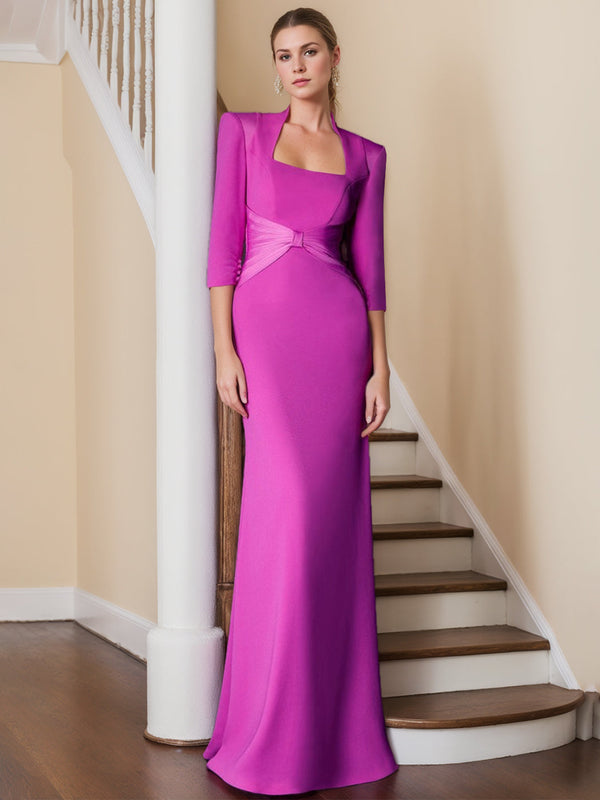 Sheath/Column Standing Shoulders 3/4 Length Sleeves Floor-Length Unique Mother Of The Bride Dresses With Ruffles BabaMila
