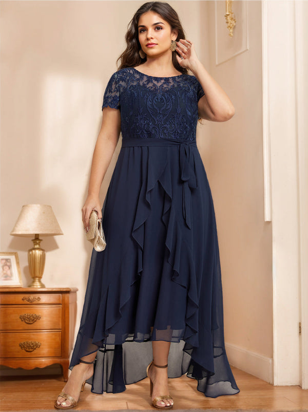 A-Line/Princess Scoop Neck Short Sleeves Asymmetrical Unique Plus Size Mother Of The Bride Dresses With Bow, Ruffles & Sequins BabaMila