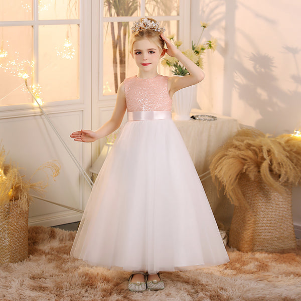 Girls Birthday Dresses Boat Neck Sleeveless Satin/Sequins/Tulle Floor-Length Flower Girl Dresses With Ivory Ribbon/Pink Sequins Girls Gidiondress