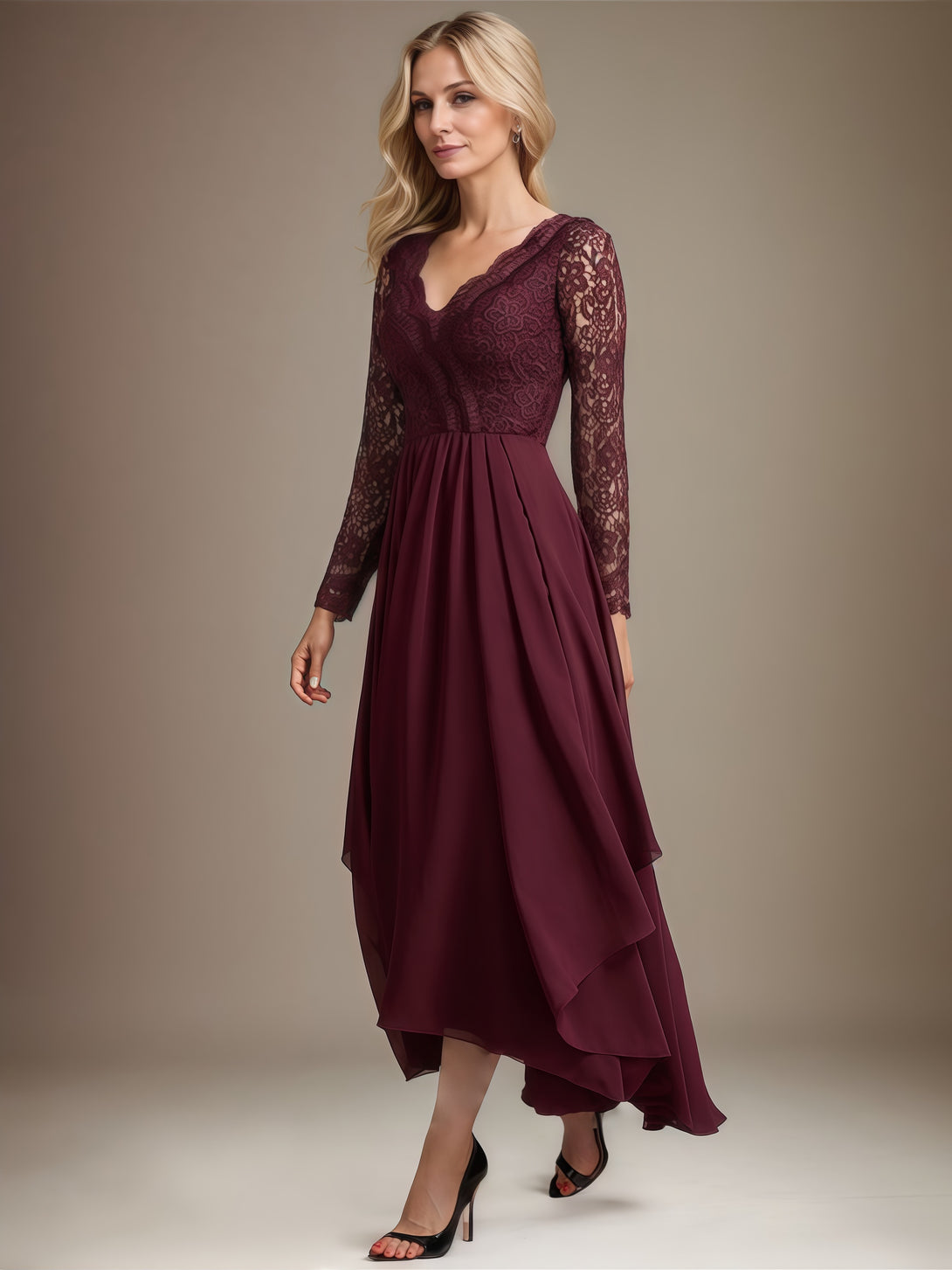 V-Neck Long Sleeve A-Line Asymmetrical Lace/Chiffon Mother of the Bride Dress With Appliques/Cascading Ruffles BabaMila