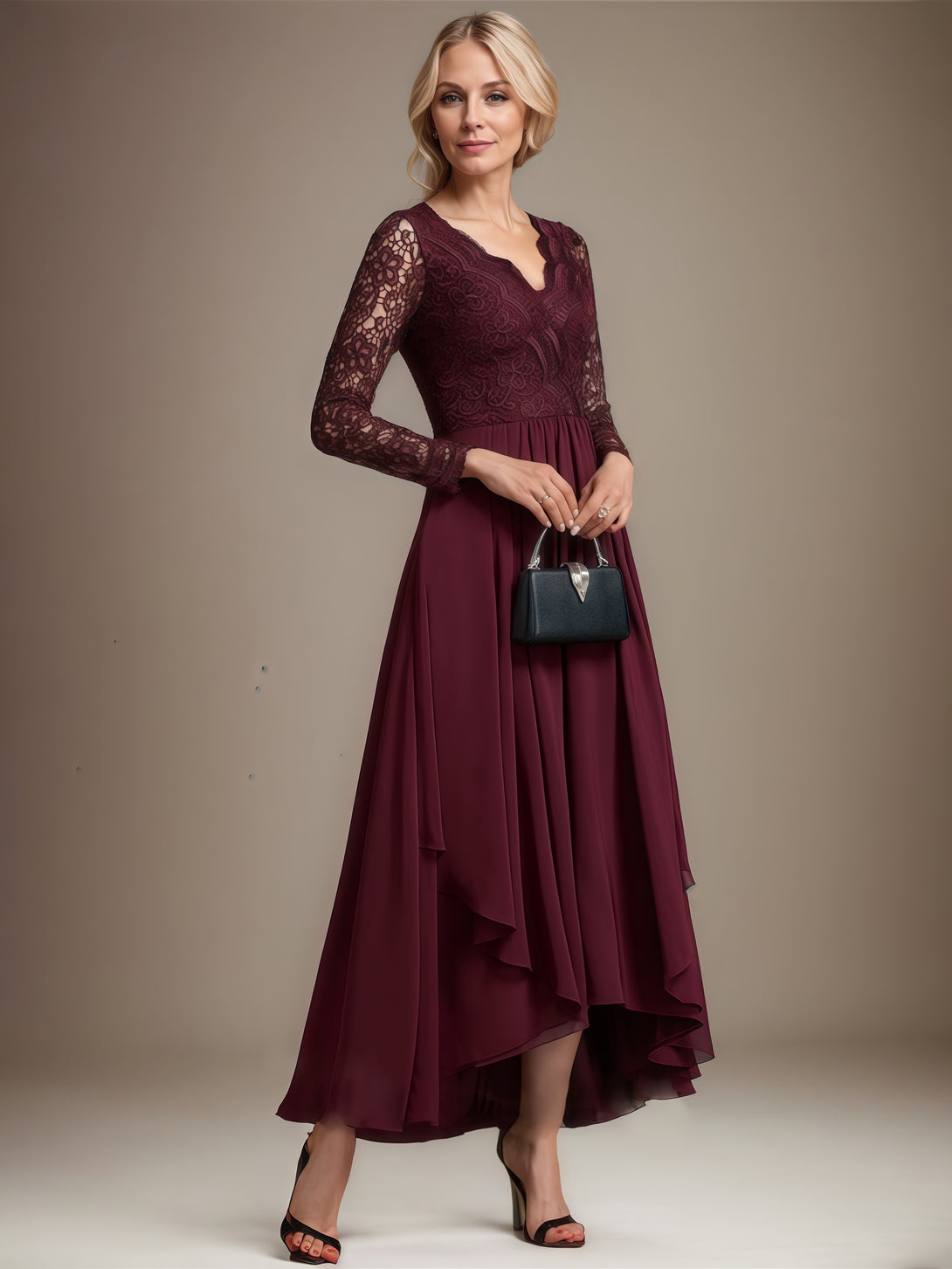 V-Neck Long Sleeve A-Line Asymmetrical Lace/Chiffon Mother of the Bride Dress With Appliques/Cascading Ruffles BabaMila