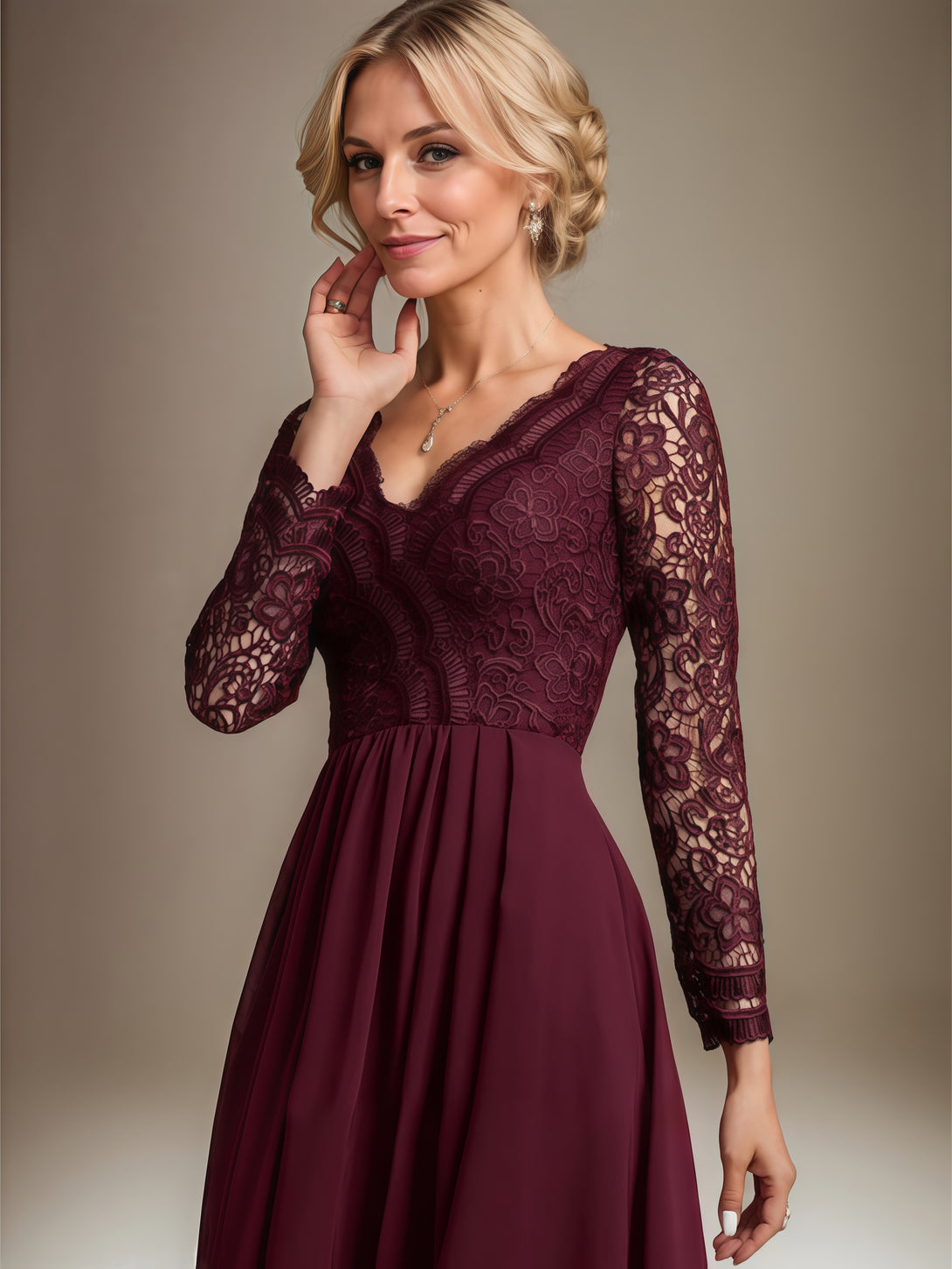 V-Neck Long Sleeve A-Line Asymmetrical Lace/Chiffon Mother of the Bride Dress With Appliques/Cascading Ruffles BabaMila