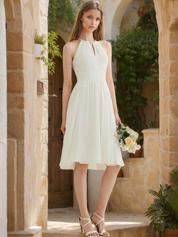 A Line/Princess Halter Neck Sleeveless Knee-Length Wedding Dress with Ruffles BabaMila