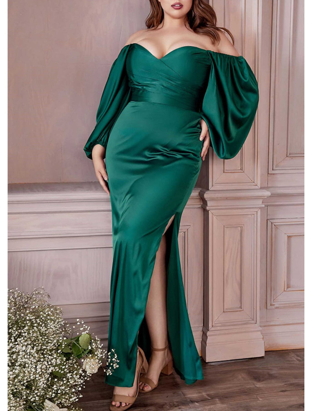 Sheath/Column Off-the-Shoulder Long Sleeve Floor-length Pleated Plus Size Prom Dresses BabaMila