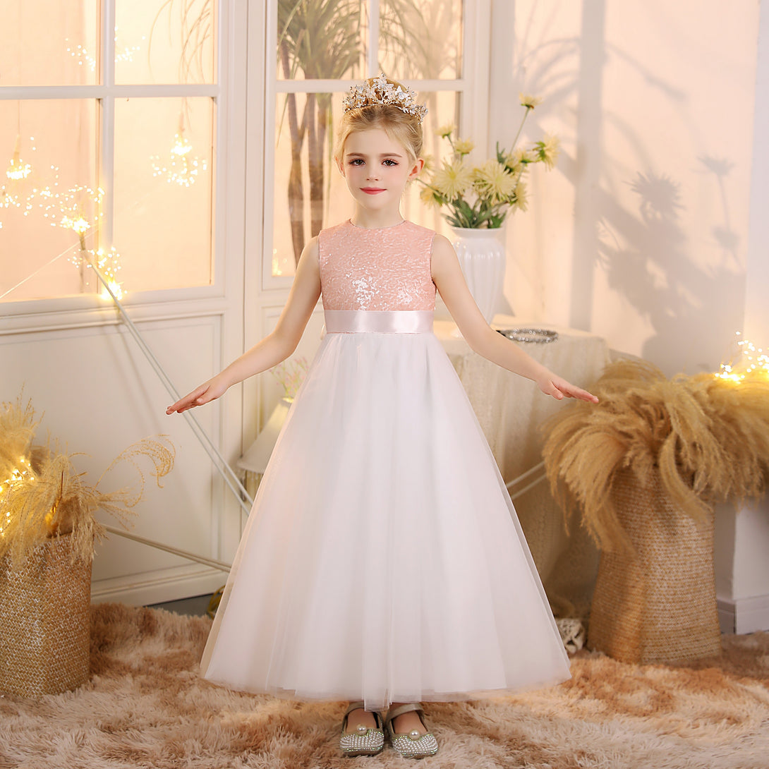 Girls Birthday Dresses Boat Neck Sleeveless Satin/Sequins/Tulle Floor-Length Flower Girl Dresses With Ivory Ribbon/Pink Sequins Girls Gidiondress