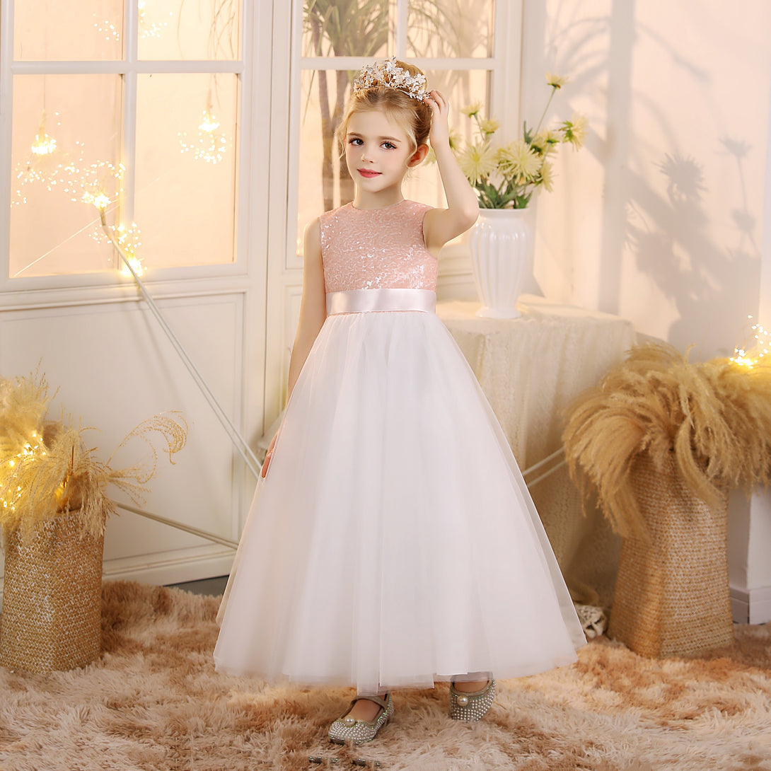 Girls Birthday Dresses Boat Neck Sleeveless Satin/Sequins/Tulle Floor-Length Flower Girl Dresses With Ivory Ribbon/Pink Sequins Girls Gidiondress