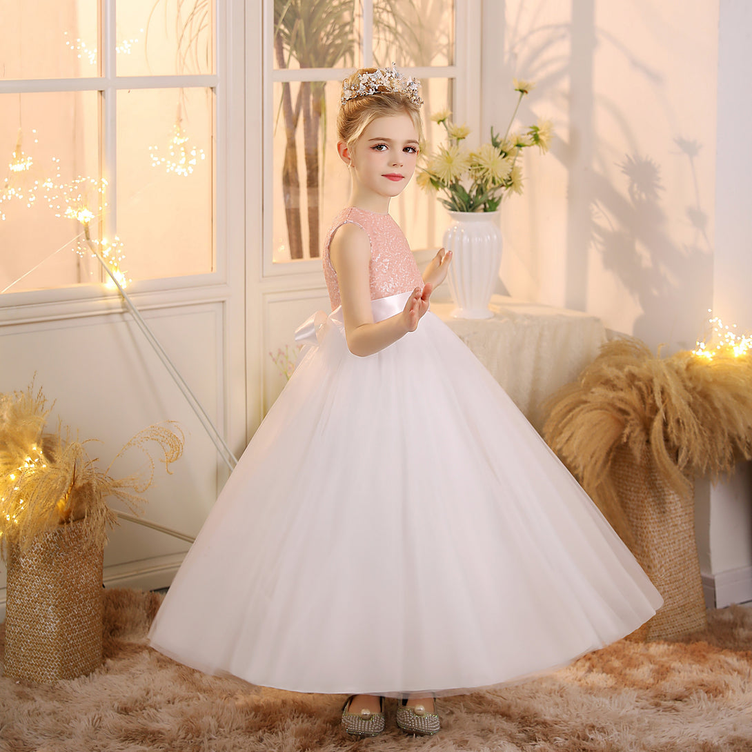 Girls Birthday Dresses Boat Neck Sleeveless Satin/Sequins/Tulle Floor-Length Flower Girl Dresses With Ivory Ribbon/Pink Sequins Girls Gidiondress
