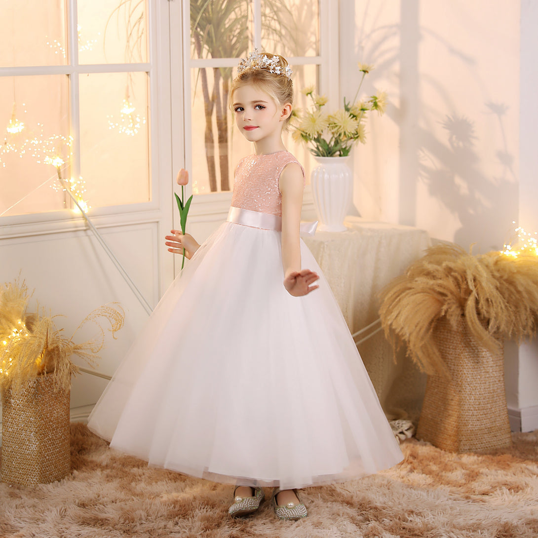 Girls Birthday Dresses Boat Neck Sleeveless Satin/Sequins/Tulle Floor-Length Flower Girl Dresses With Ivory Ribbon/Pink Sequins Girls Gidiondress