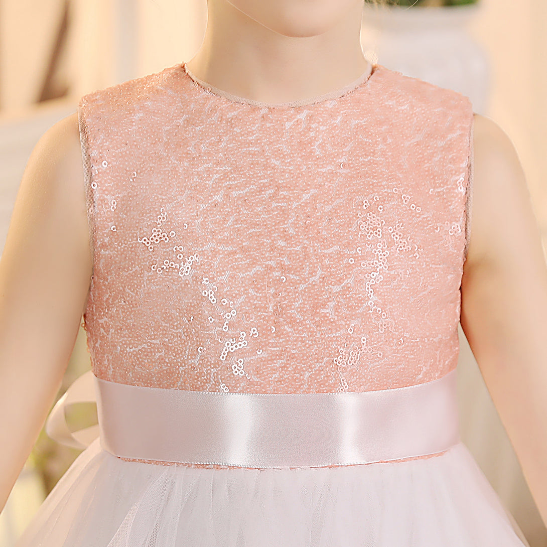 Girls Birthday Dresses Boat Neck Sleeveless Satin/Sequins/Tulle Floor-Length Flower Girl Dresses With Ivory Ribbon/Pink Sequins Girls Gidiondress