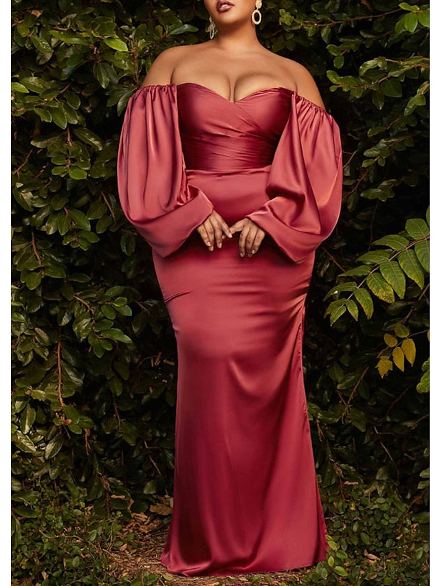 Sheath/Column Off-the-Shoulder Long Sleeve Floor-length Pleated Plus Size Prom Dresses BabaMila