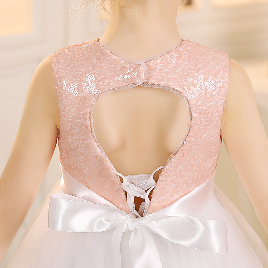 Girls Birthday Dresses Boat Neck Sleeveless Satin/Sequins/Tulle Floor-Length Flower Girl Dresses With Ivory Ribbon/Pink Sequins Girls Gidiondress