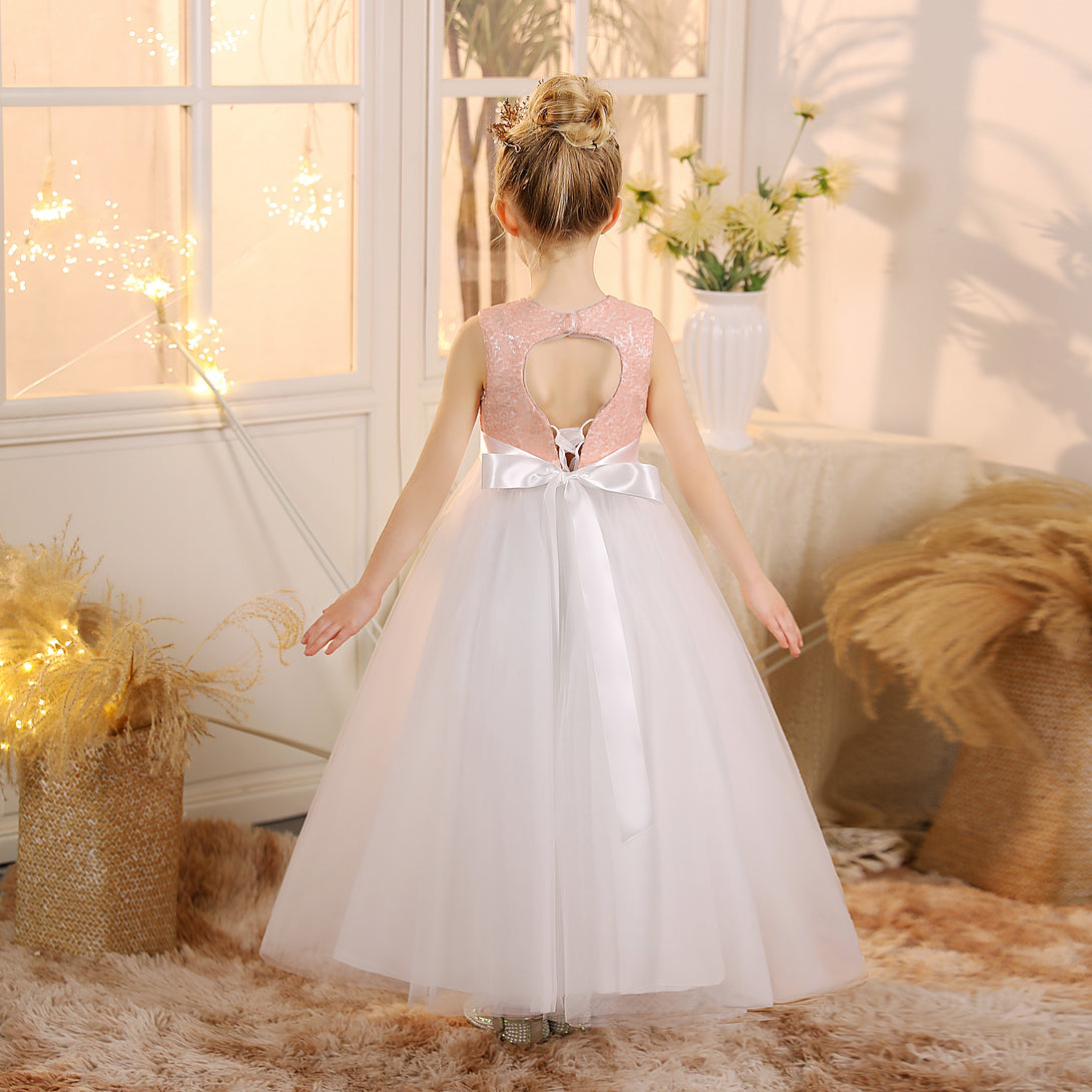 Girls Birthday Dresses Boat Neck Sleeveless Satin/Sequins/Tulle Floor-Length Flower Girl Dresses With Ivory Ribbon/Pink Sequins Girls Gidiondress