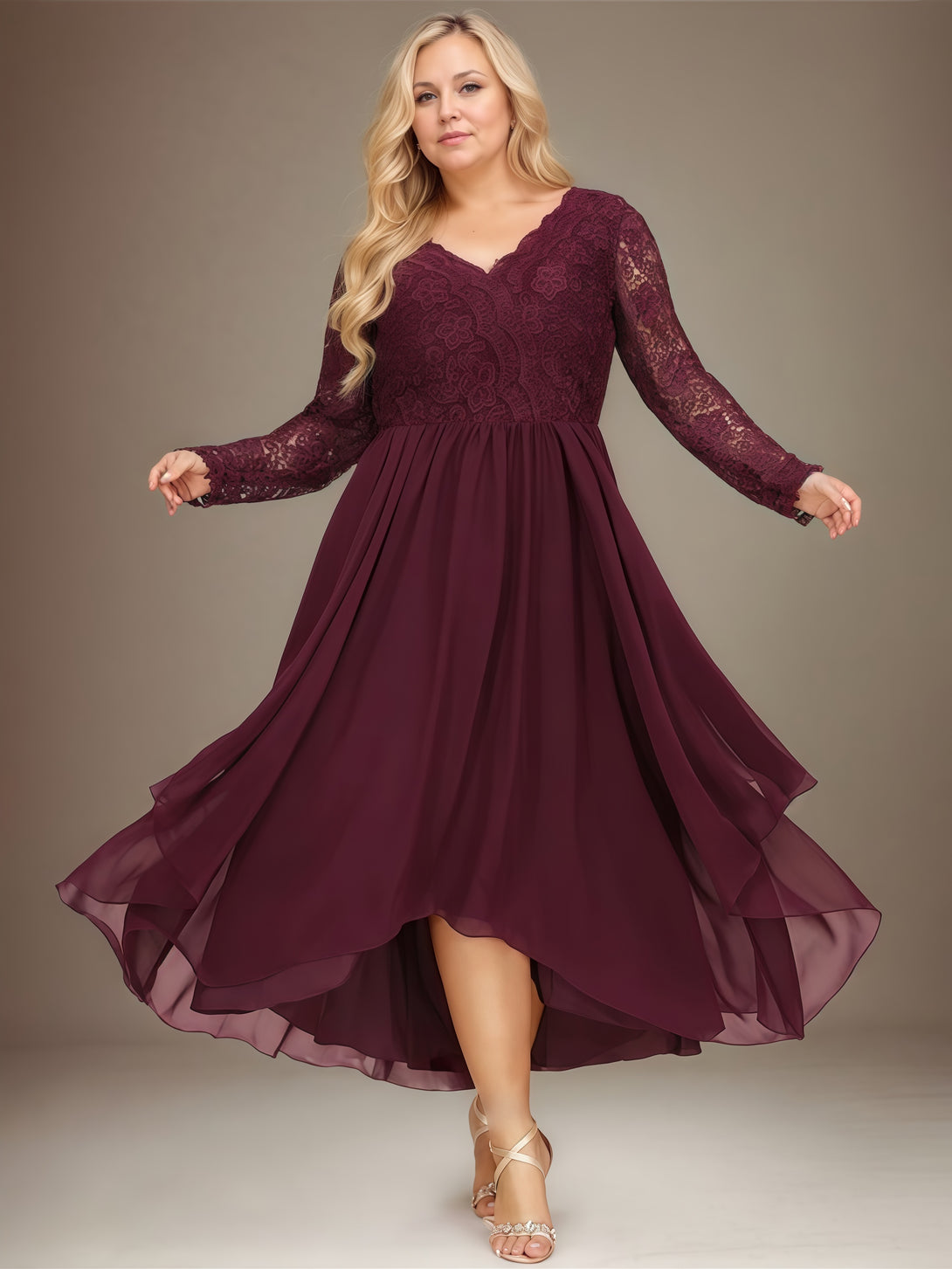 V-Neck Long Sleeve A-Line Asymmetrical Lace/Chiffon Mother of the Bride Dress With Appliques/Cascading Ruffles BabaMila