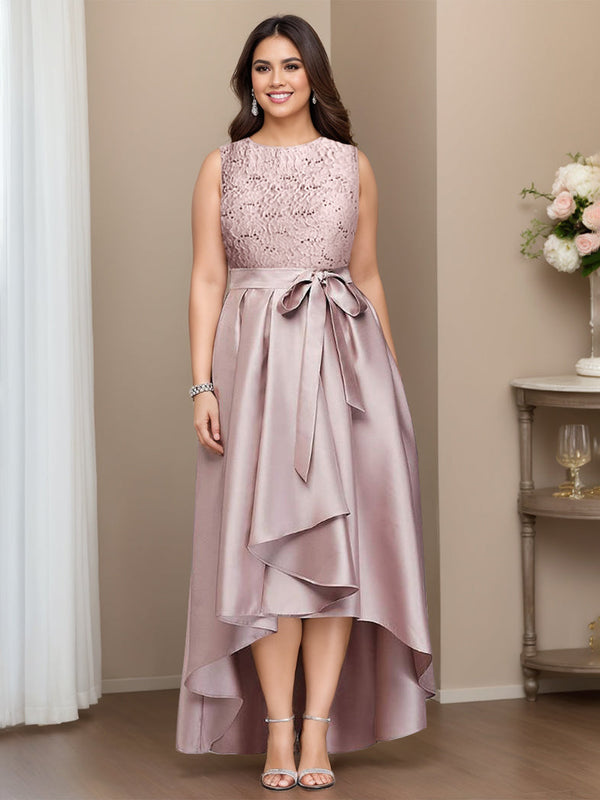 A-Line/Princess Jewel Neck Sleeveless Asymmetrical Plus Size Mother Of The Bride Dresses With Pleats BabaMila