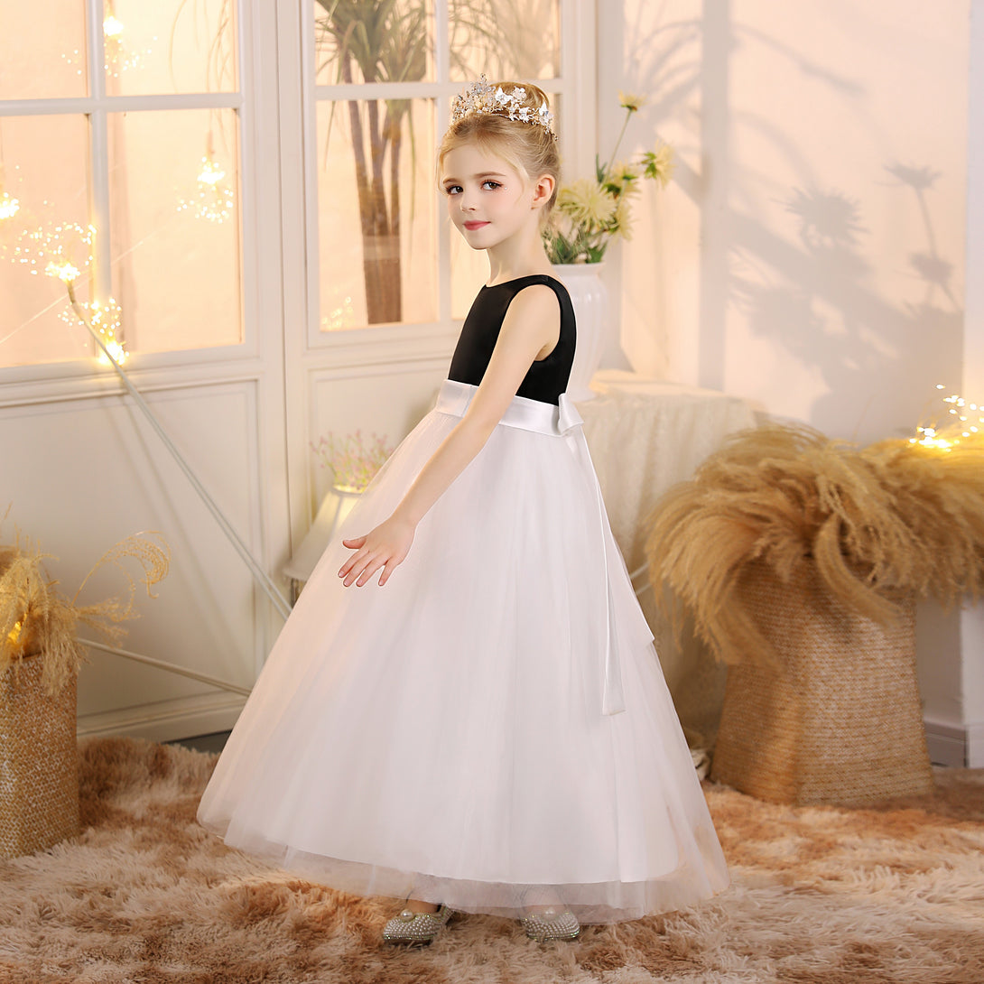Girls Birthday Dresses Scoop Neck Sleeveless Satin/Tulle Floor-Length Flower Girl Dresses With Belt Girls Gidiondress