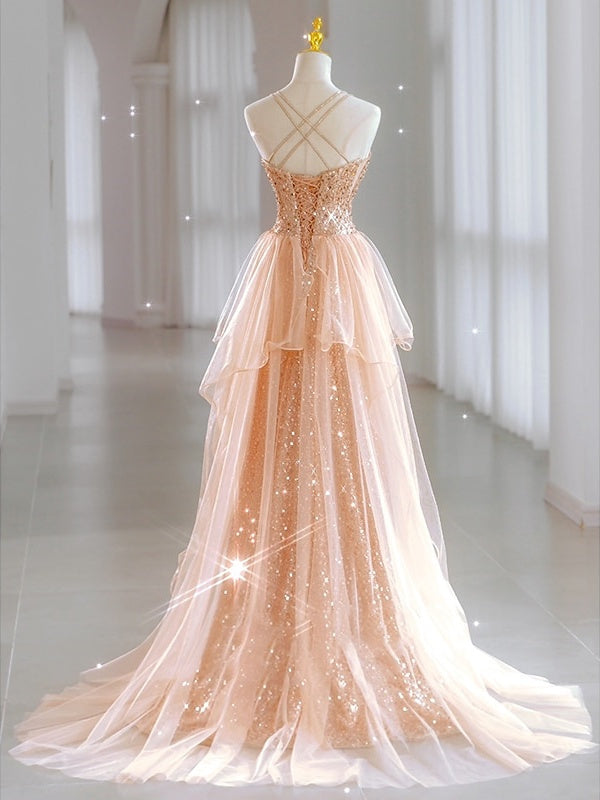 A-Line/Princess Sweetheart Neck Spaghetti Straps Court Train Evening Dresses with Sequin BabaMila
