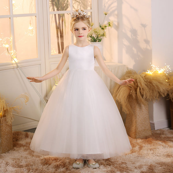 First Communion Dress Scoop Neck Sleeveless Ivory Satin/Tulle Floor-Length Flower Girl Dresses Girls Gidiondress