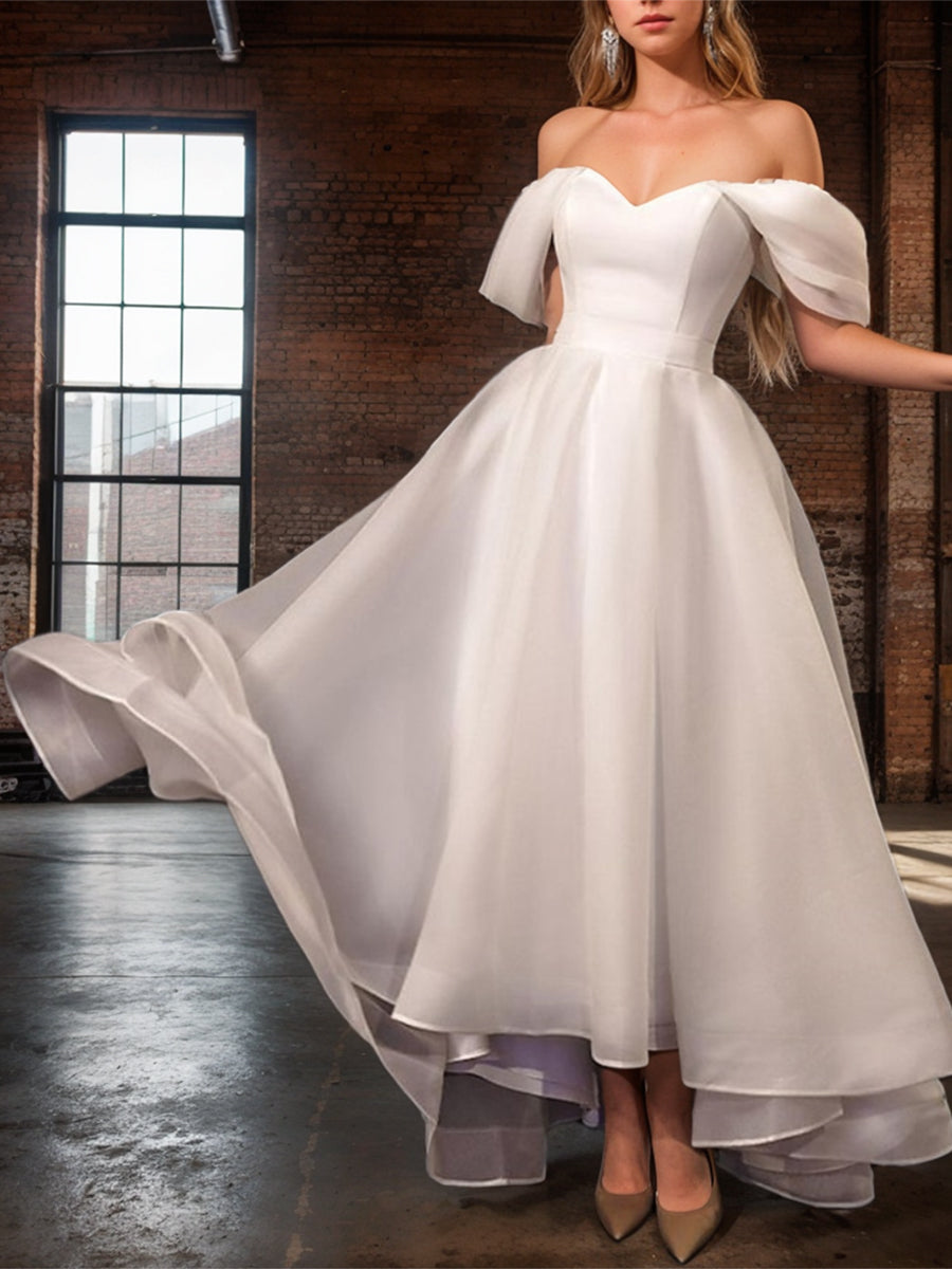 A-Line/Princess Off-the-Shoulder Sleeveless Asymmetrical Wedding Dress BabaMila