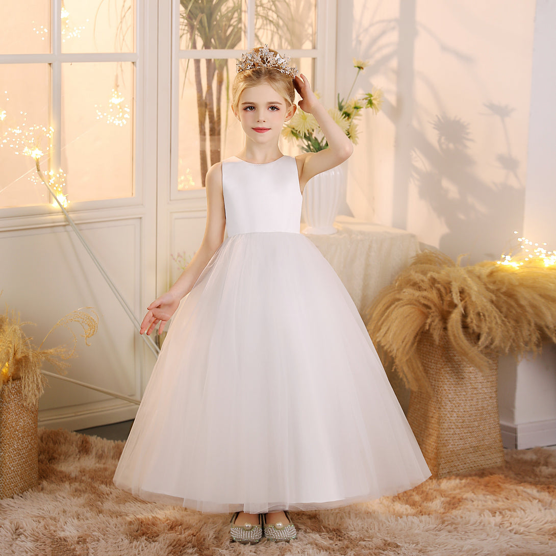 First Communion Dress Scoop Neck Sleeveless Ivory Satin/Tulle Floor-Length Flower Girl Dresses Girls Gidiondress
