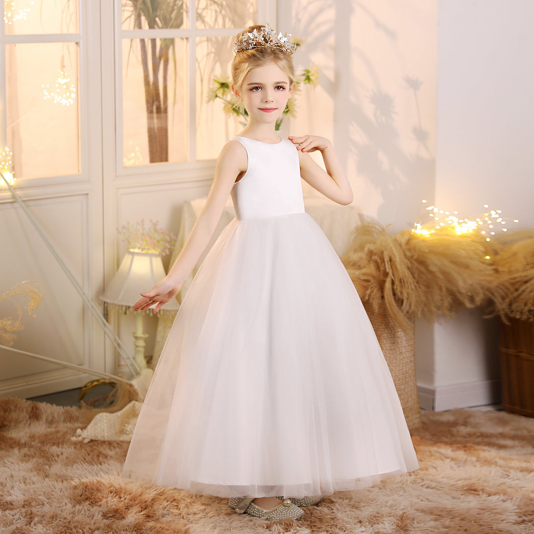 First Communion Dress Scoop Neck Sleeveless Ivory Satin/Tulle Floor-Length Flower Girl Dresses Girls Gidiondress