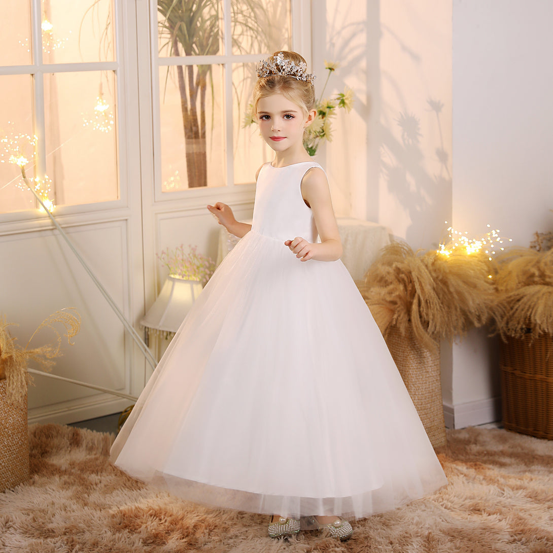 First Communion Dress Scoop Neck Sleeveless Ivory Satin/Tulle Floor-Length Flower Girl Dresses Girls Gidiondress