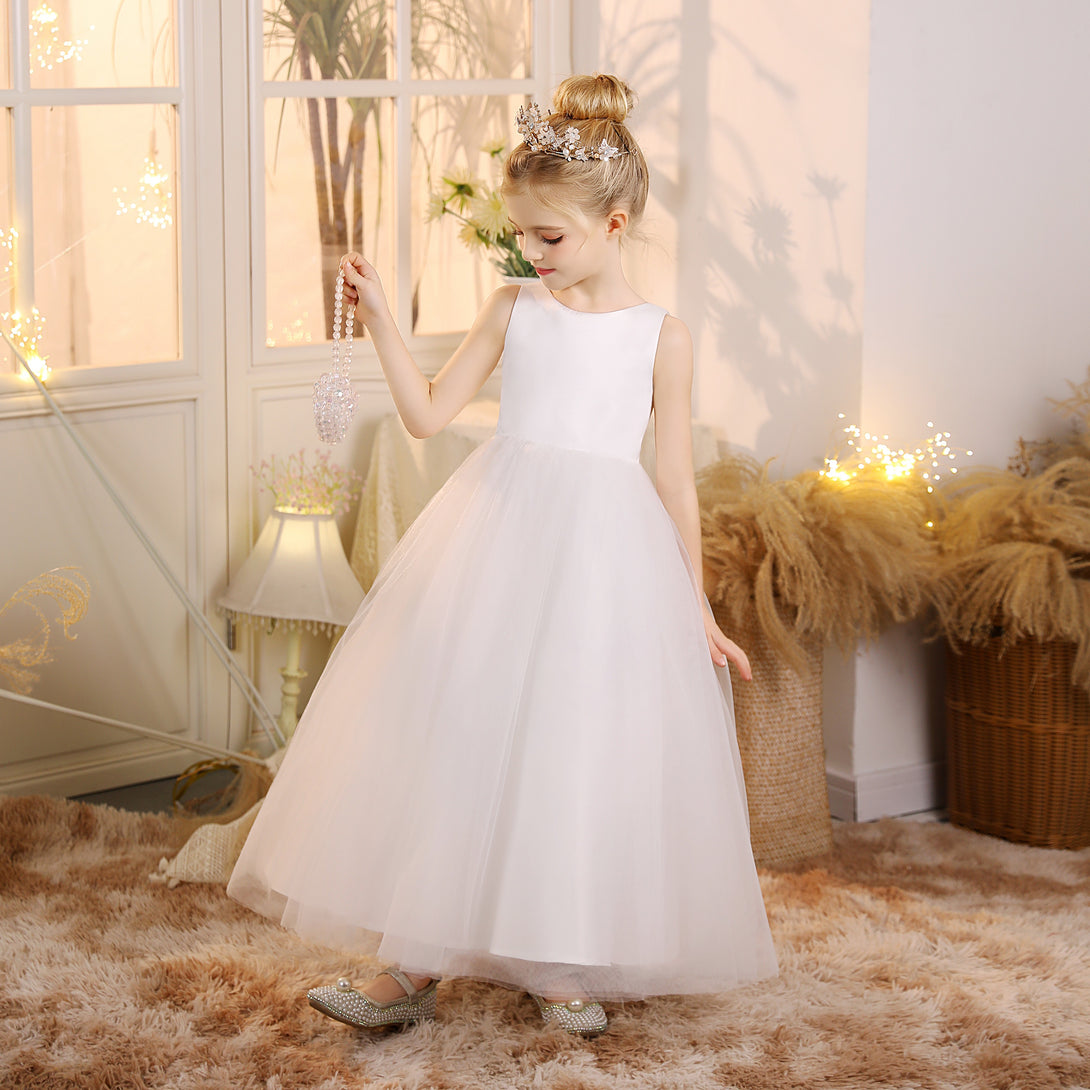 First Communion Dress Scoop Neck Sleeveless Ivory Satin/Tulle Floor-Length Flower Girl Dresses Girls Gidiondress Ivory 12M