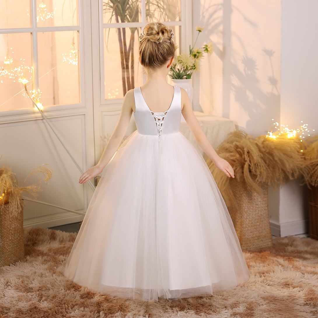 First Communion Dress Scoop Neck Sleeveless Ivory Satin/Tulle Floor-Length Flower Girl Dresses Girls Gidiondress