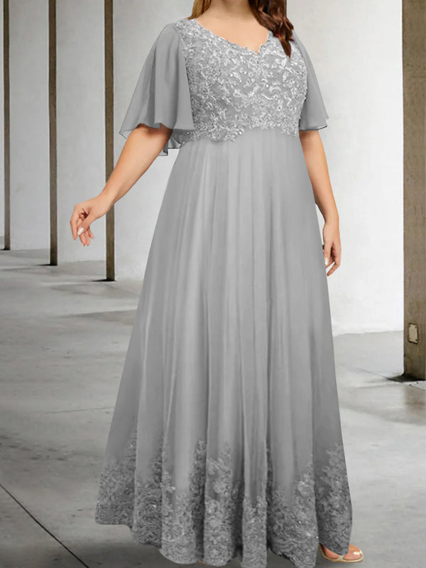 A-Line/Princess V-Neck Half Sleeves Floor-Length Plus Size Mother Of The Bride Dresses With Appliques BabaMila