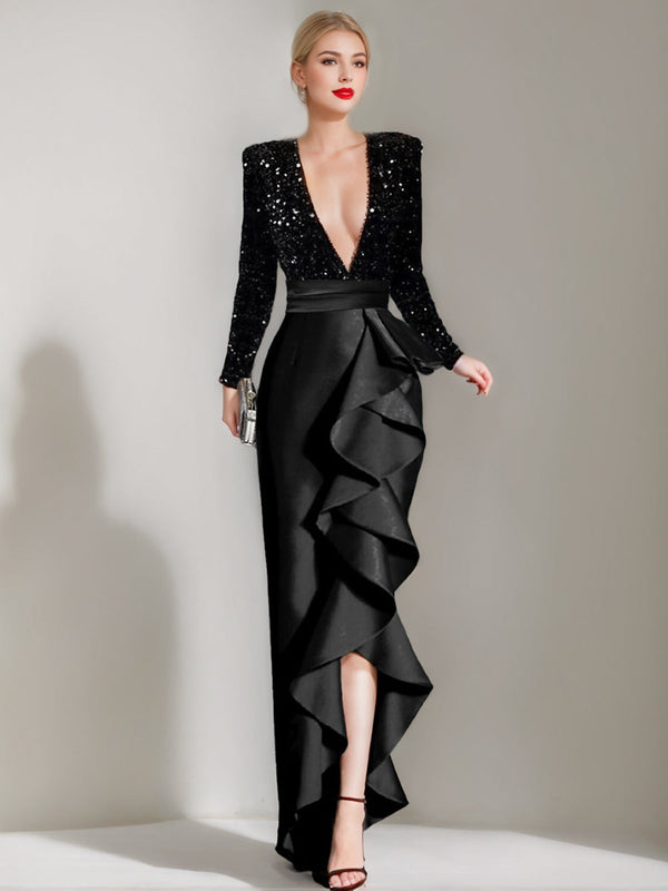 Sheath/Column V-Neck Long Sleeves Asymmetrical Elegant Evening Dresses With Sequins & Ruffles BabaMila