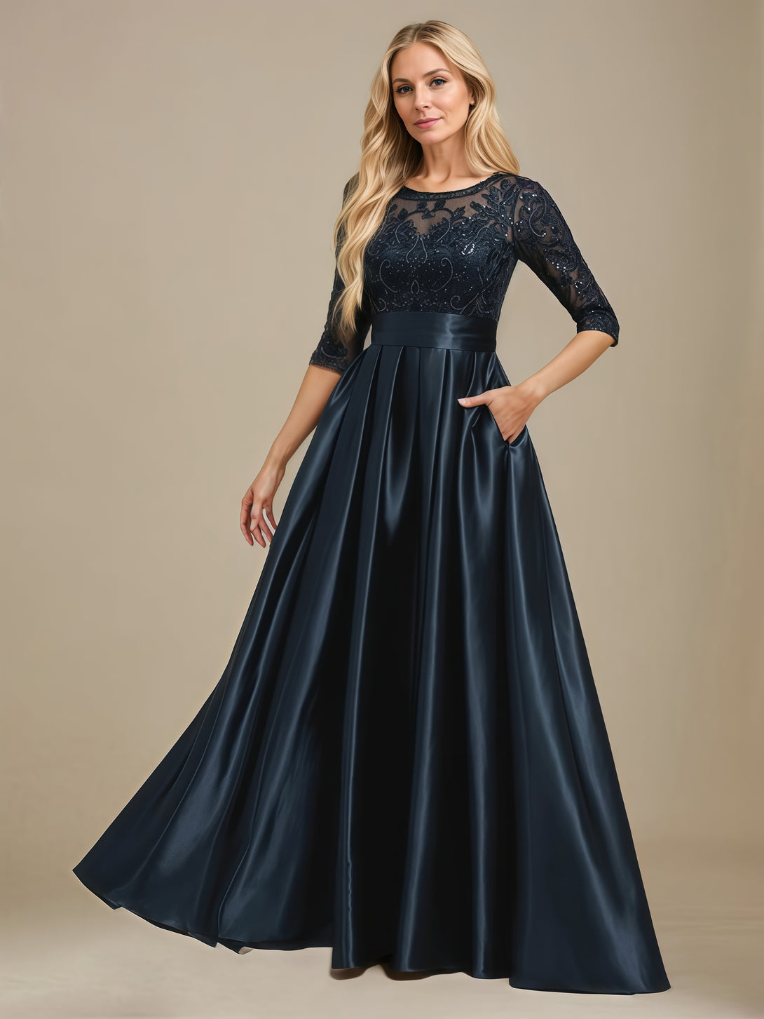 Scoop Neck 3/4 Sleeve A-Line Floor-Length Lace/Satin Mother of the Bride Dress With Appliques/Pleated/Belt/Sequins BabaMila