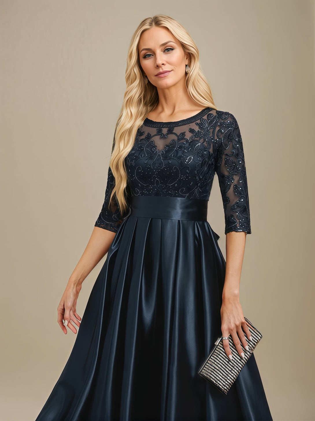 Scoop Neck 3/4 Sleeve A-Line Floor-Length Lace/Satin Mother of the Bride Dress With Appliques/Pleated/Belt/Sequins BabaMila