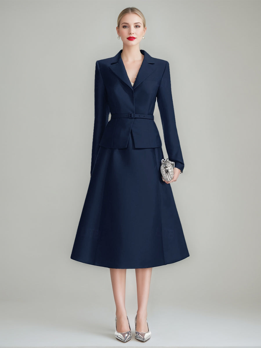 A-Line/Princess V-Neck Long Sleeves Tea-Length Mother Of The Bride & Groom Dresses With Belt BabaMila