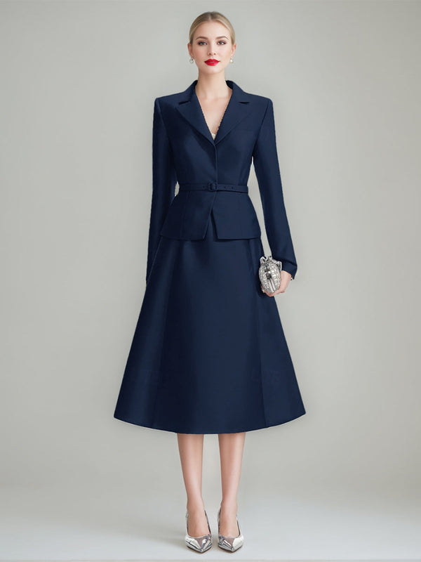 A-Line/Princess V-Neck Long Sleeves Tea-Length Mother Of The Bride & Groom Dresses With Belt BabaMila