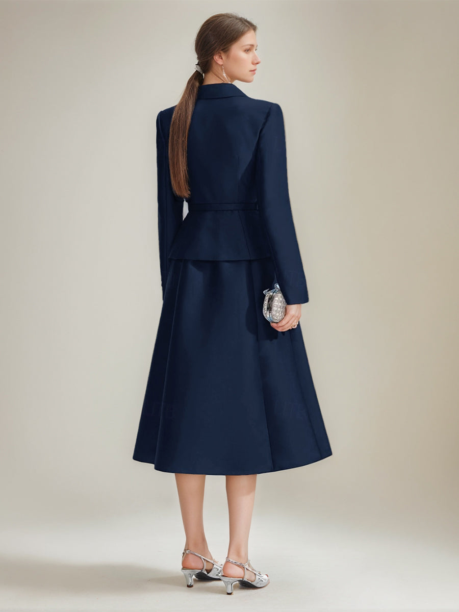 A-Line/Princess V-Neck Long Sleeves Tea-Length Mother Of The Bride & Groom Dresses With Belt BabaMila