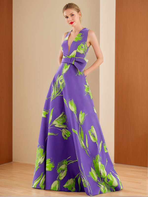 A-Line/Princess V-Neck Sleeveless Printed Floral Mother Of The Bride & Groom Dresses With Bow Belt BabaMila