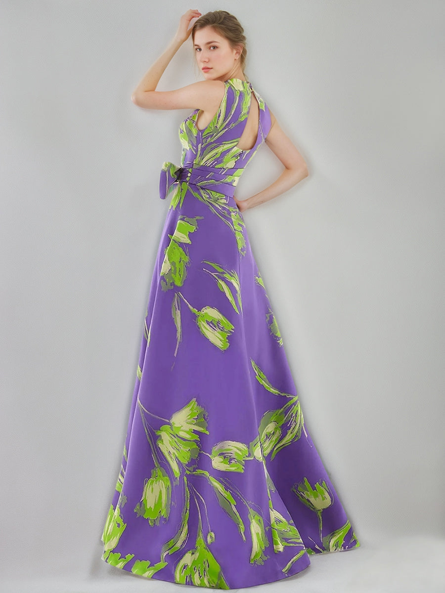 A-Line/Princess V-Neck Sleeveless Printed Floral Mother Of The Bride & Groom Dresses With Bow Belt BabaMila