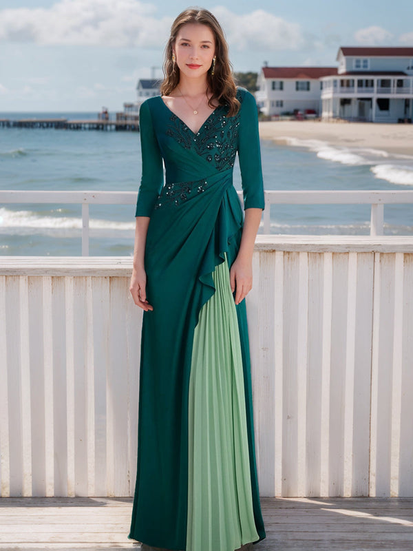 A-Line/Princess V-Neck Long Sleeves Elegant Mother Of The Bride & Groom Dresses With Appliques & Ruffles BabaMila