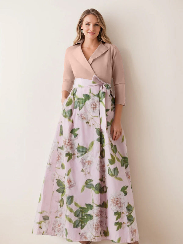 A-Line/Princess V-Neck 3/4 Sleeves Printed Floral Plus Size Mother Of The Bride Dresses With Bow Belt BabaMila